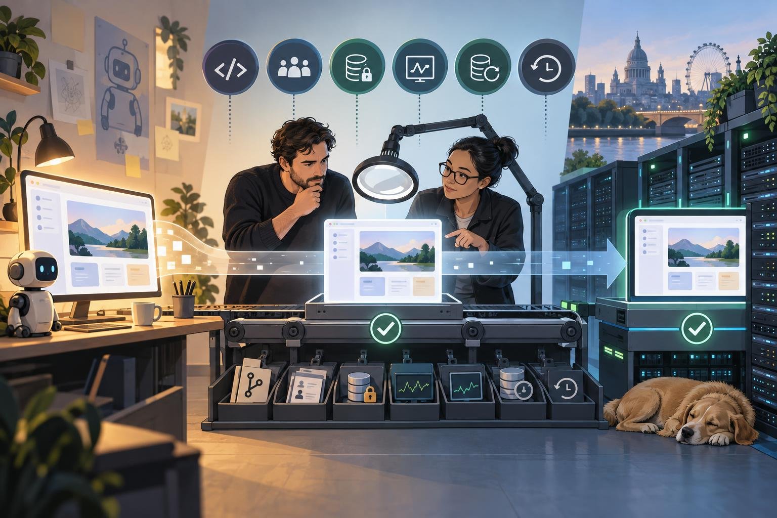A founder and engineer reviewing a polished web app alongside its database, security, monitoring, support and rollback controls.