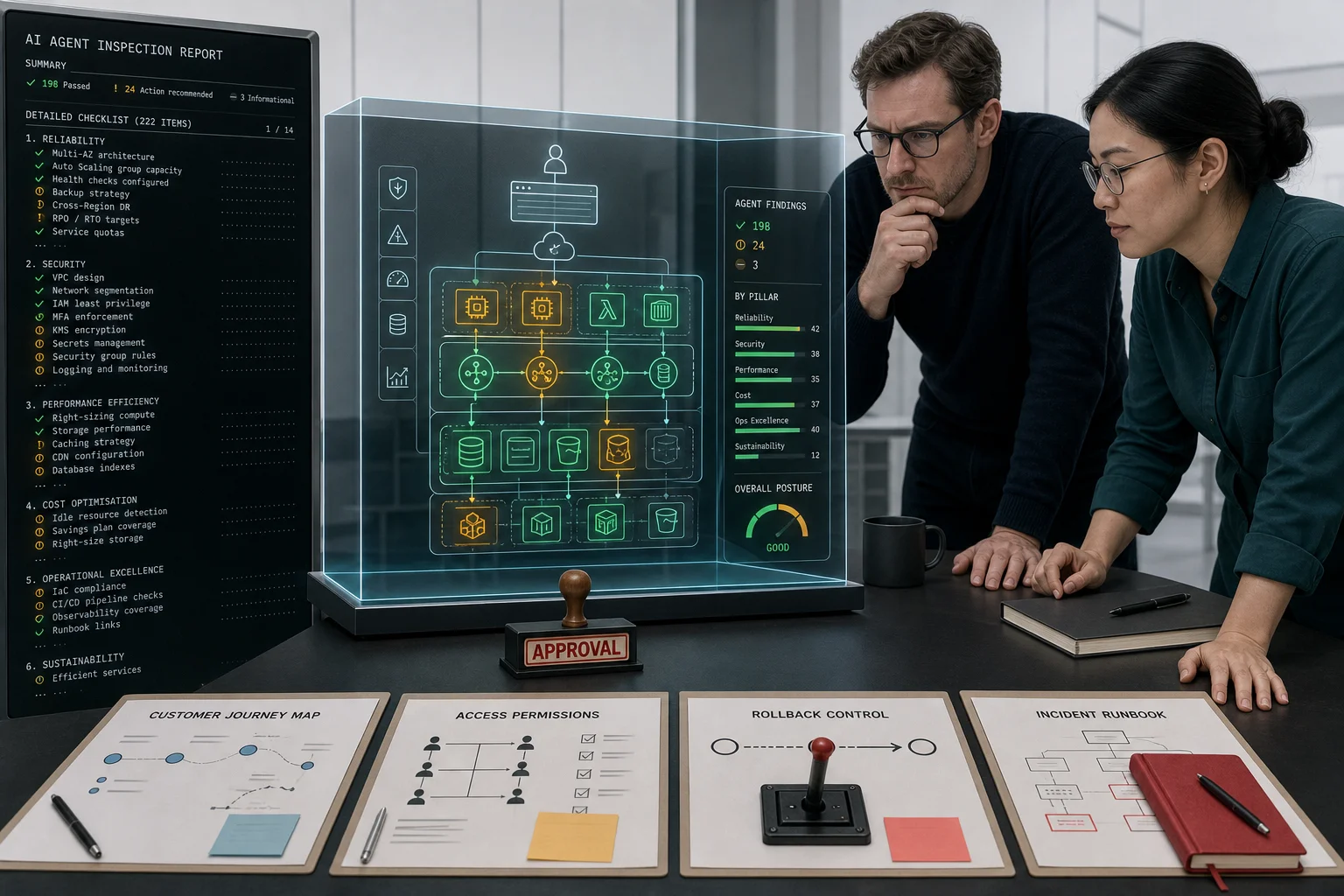 A founder and cloud engineer reviewing AI-generated infrastructure findings alongside permissions, rollback and customer journey checks.