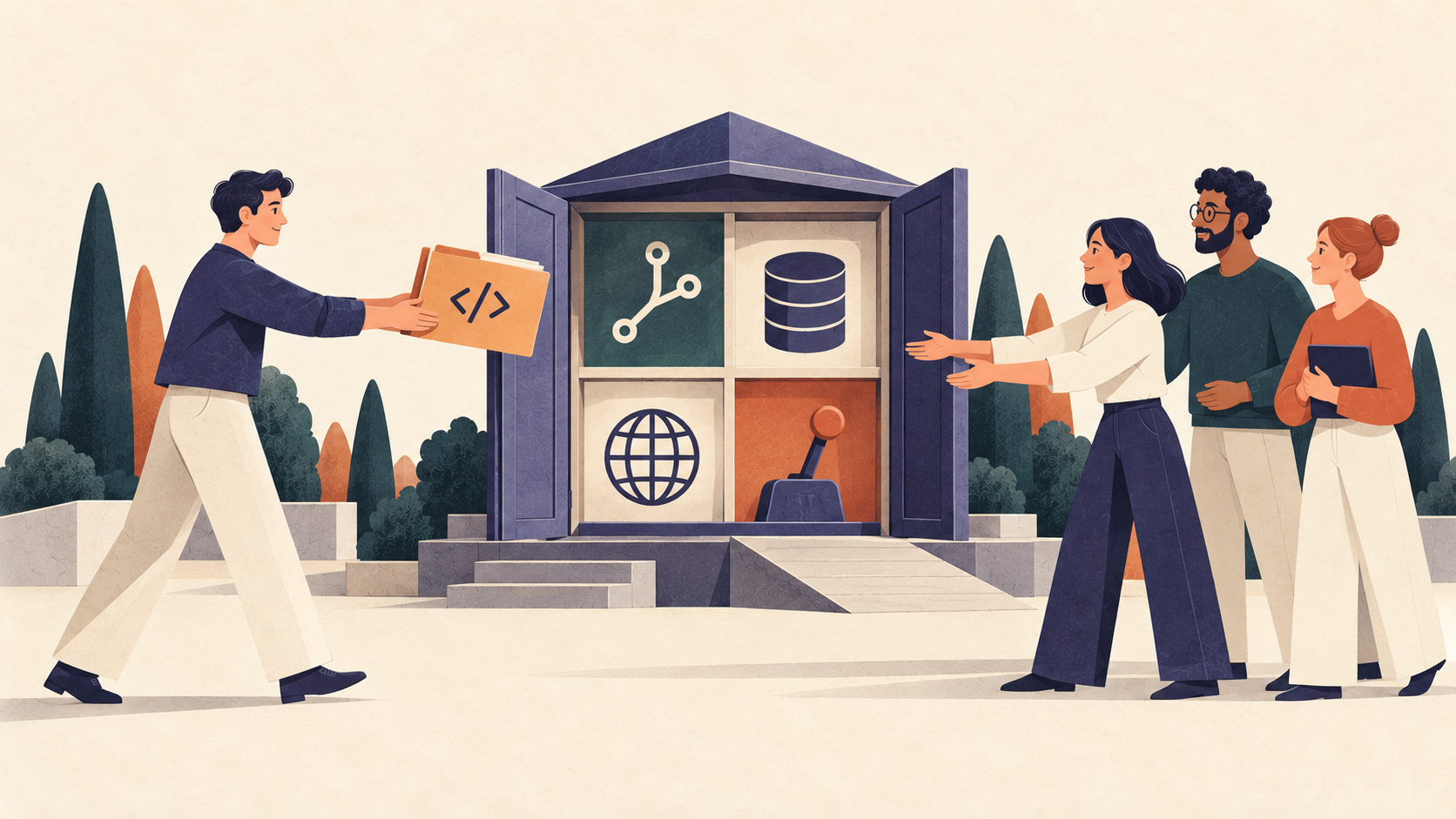 A founder hands a console representing code, data, domains and deployment to a three-person product team.