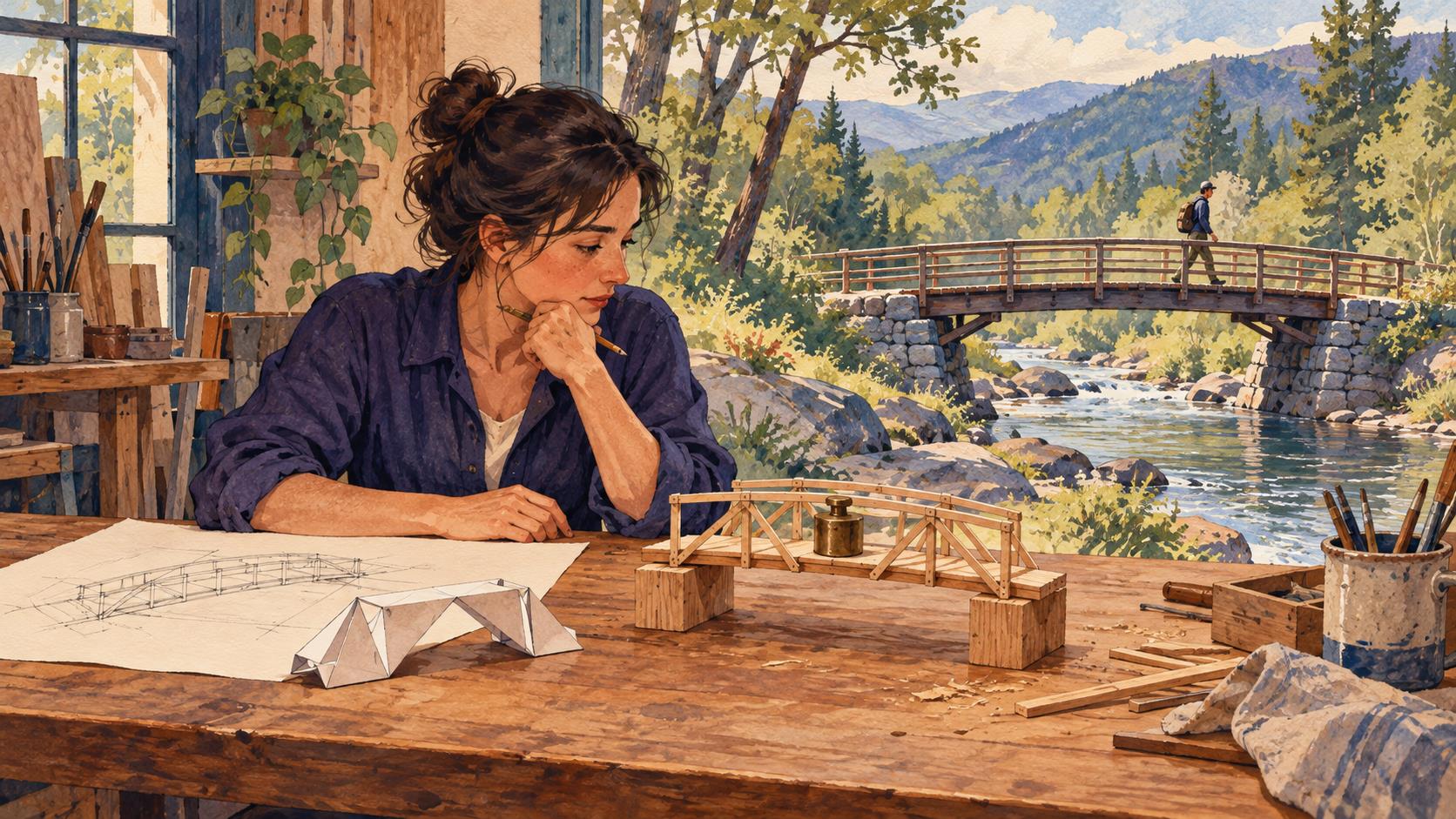 Hand-drawn illustration of a designer comparing a paper bridge and a weighted wooden test model, with a person crossing a finished footbridge outside.
