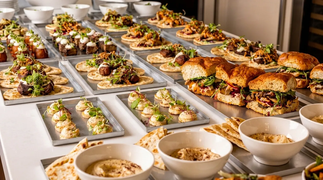 Catering buffet of canapes, mini flatbreads and bowls of hummus