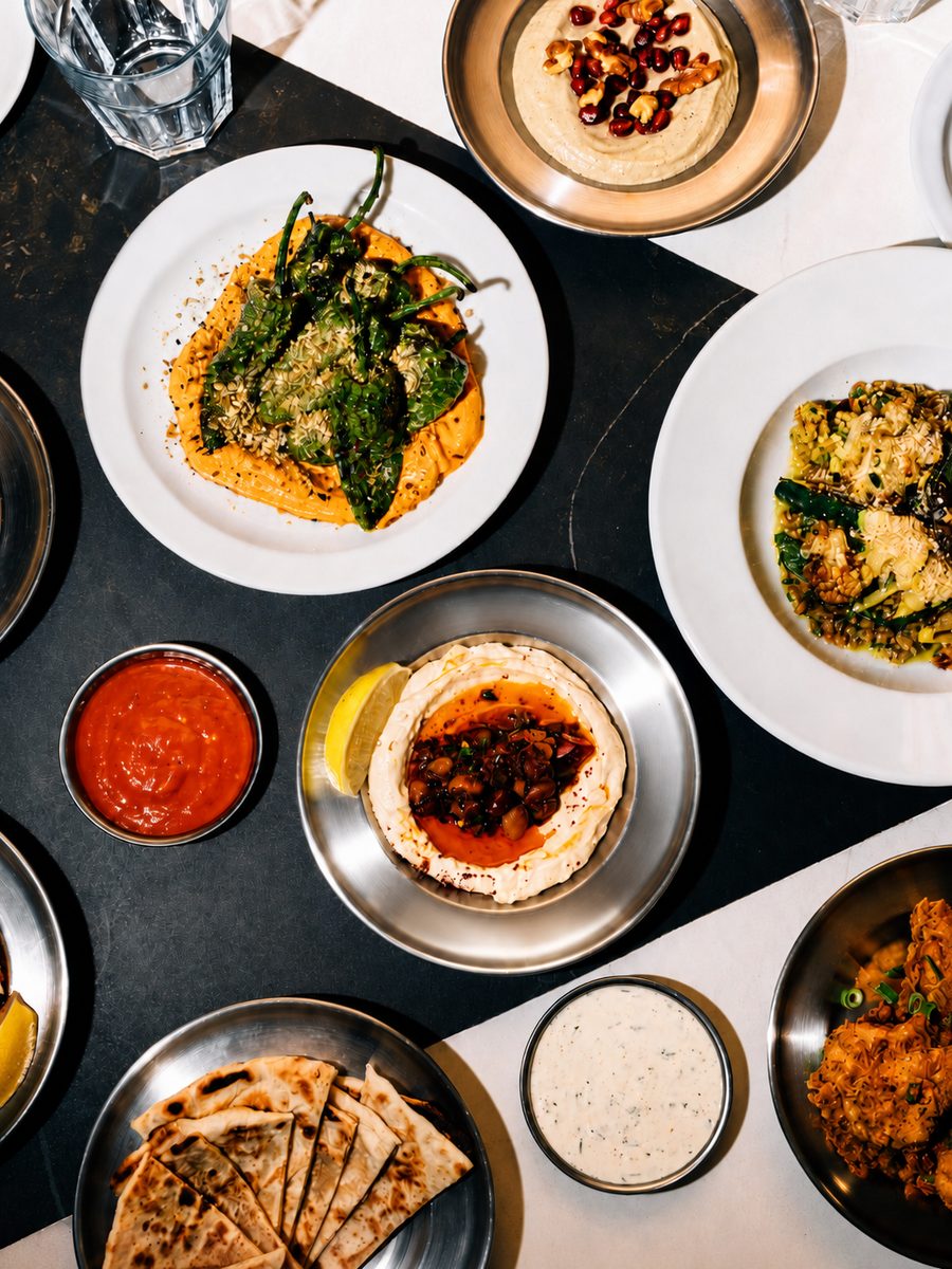 A table of small plates: padrón peppers, hummus, chilli sauce and flatbread