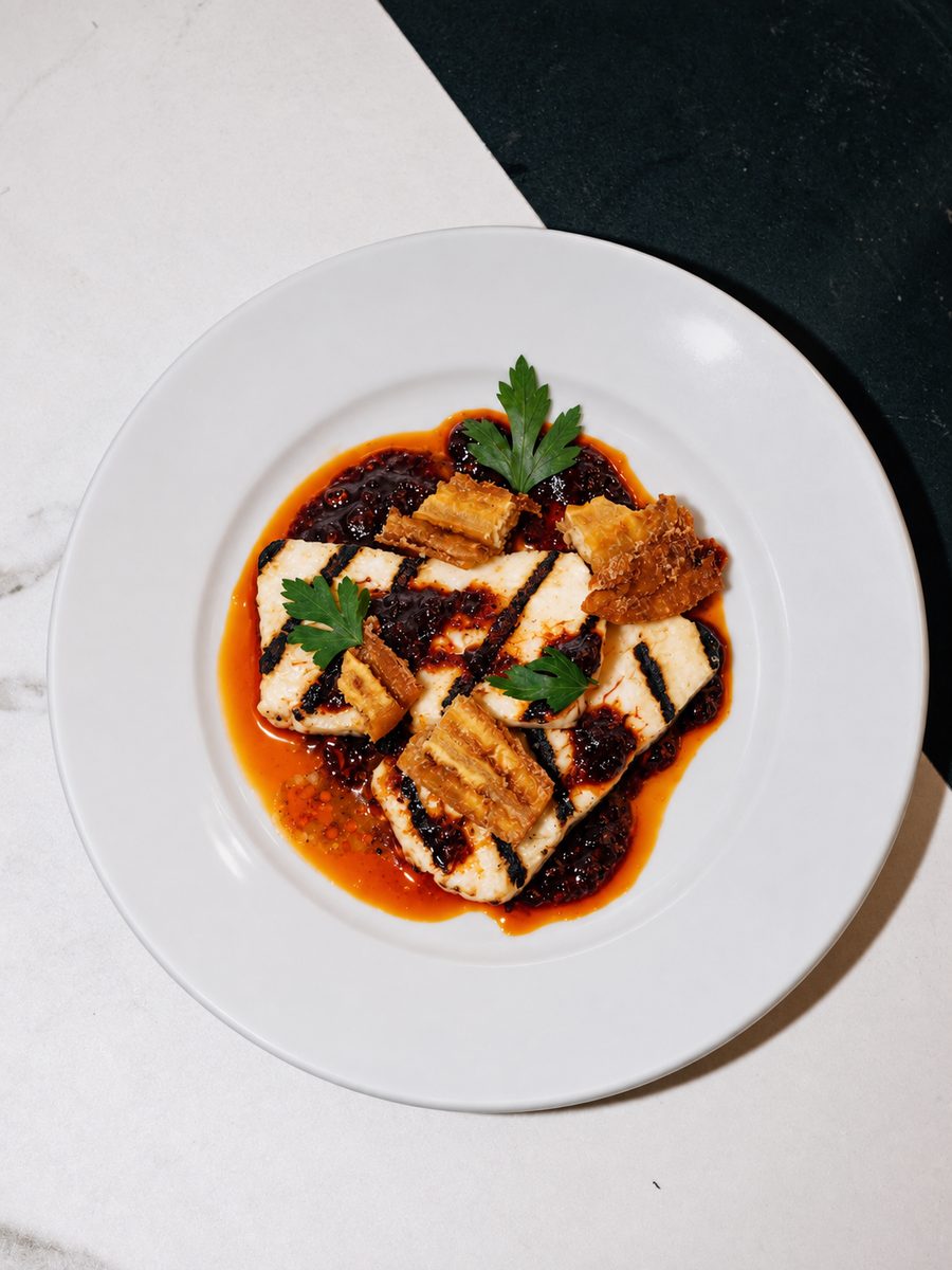 Grilled halloumi with a harissa glaze and parsley