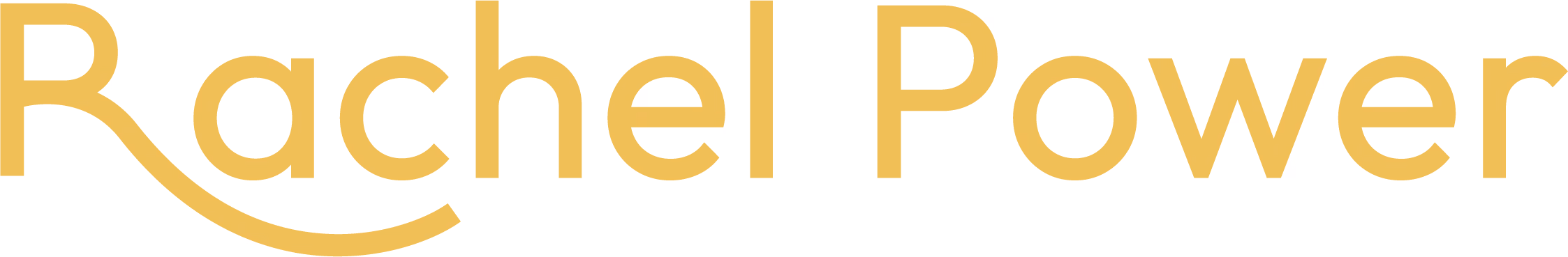 Stylized text logo reading Rachel Power in yellow with a curved underline beneath R - yellow logo 