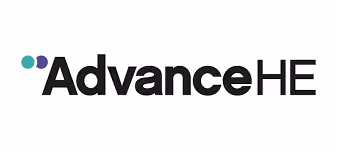 Advance HE text logo with two blue and one green dots on white background.