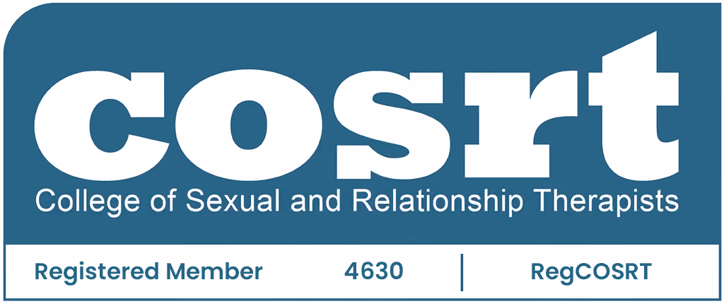 COSRT logo with text College of Sexual and Relationship Therapists, Registered Member 4630, RegCOSRT.