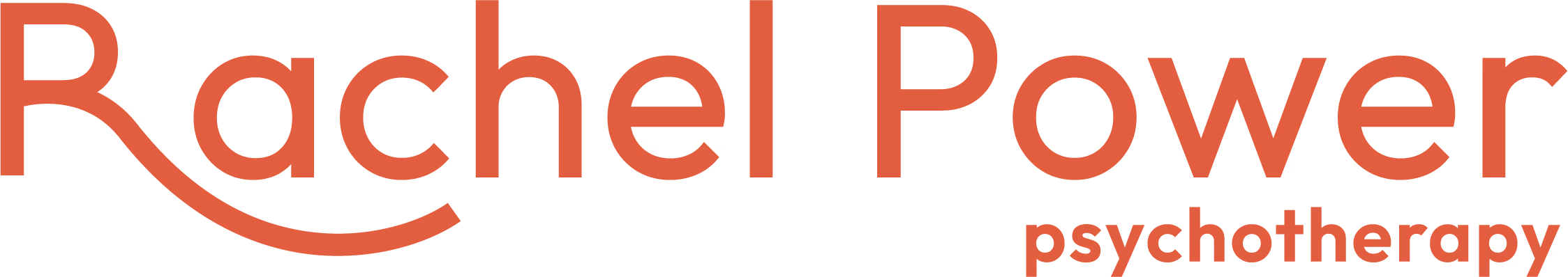 Logo text reading Rachel Power psychotherapy in large and small red letters on a white background.