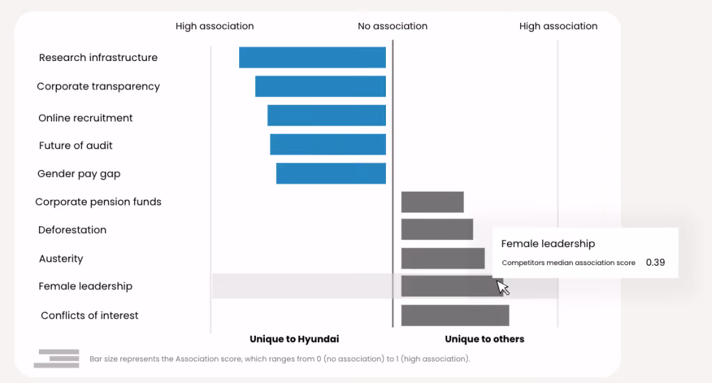 Hyundai associations chart covering association levels for topics like female leadership