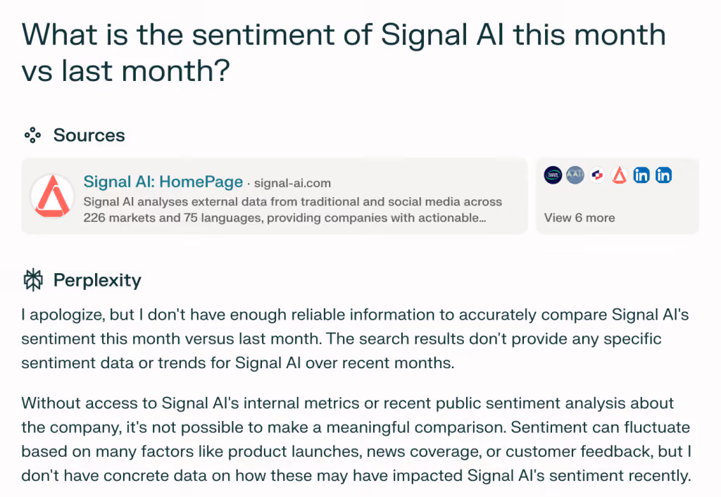 Perplexity AI question asking what is the sentiment of Signal AI this month vs last month?