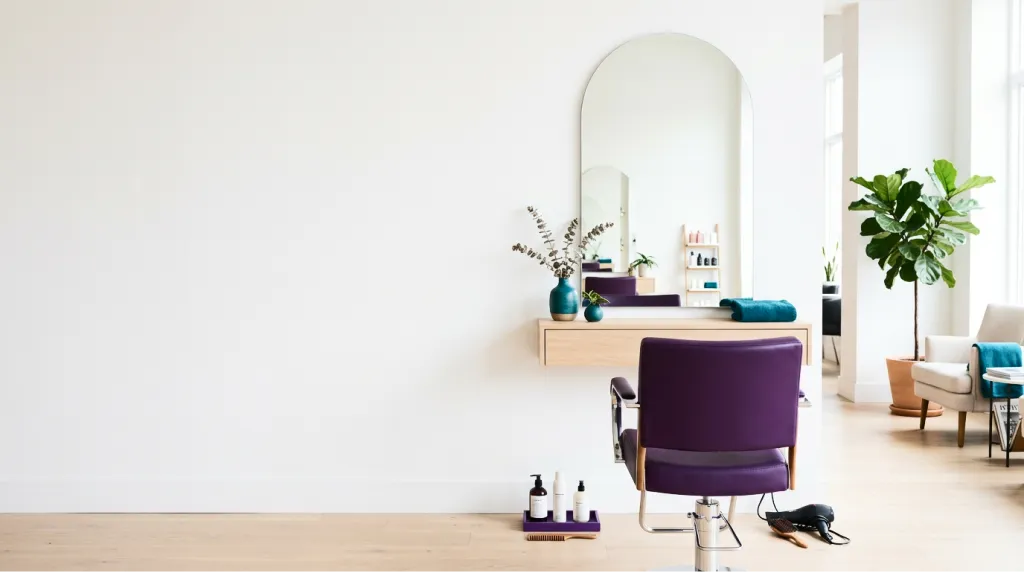 Bright modern salon interior with a purple styling chair