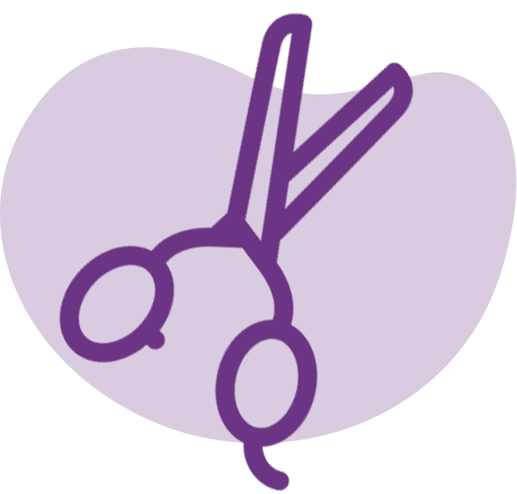 Purple illustration of salon tools: scissors, comb and lipstick
