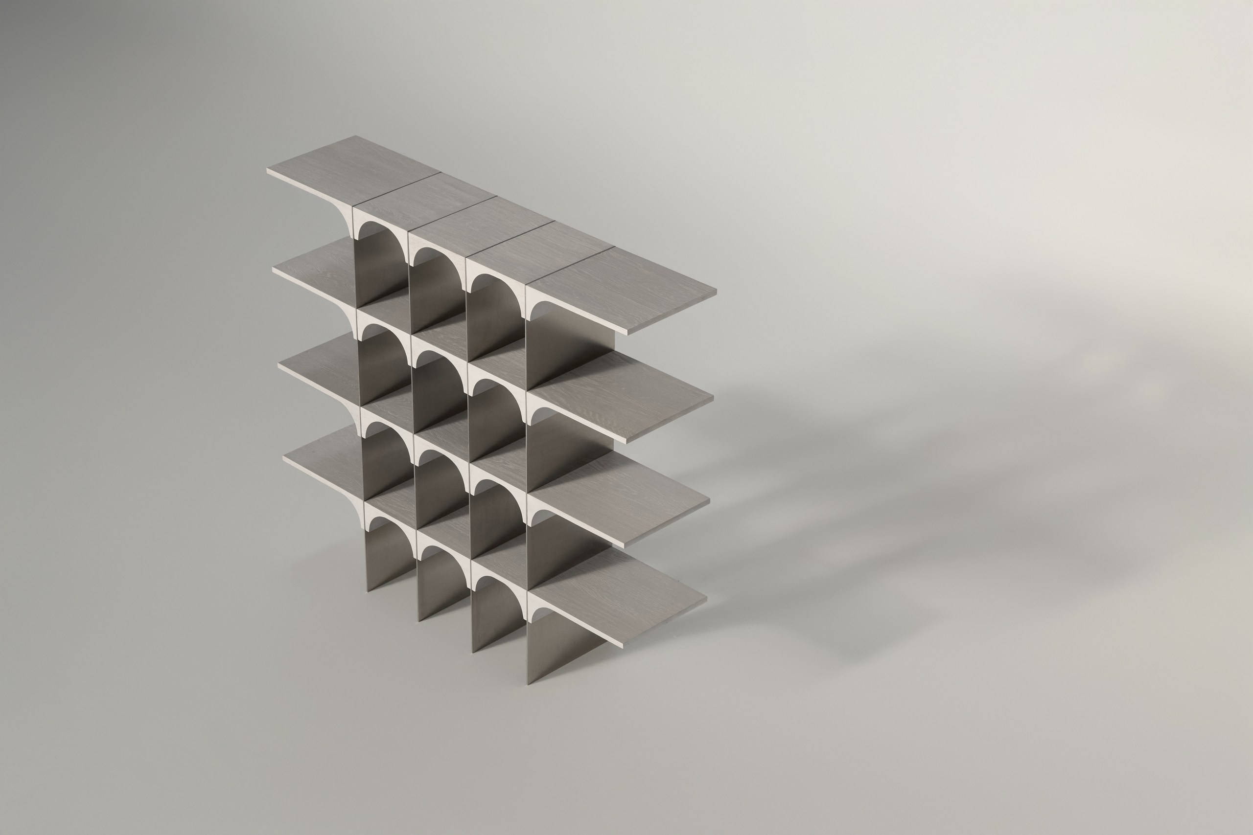 Enclave shelving in solid oak and stainless steel, In Situ collection by Arbore