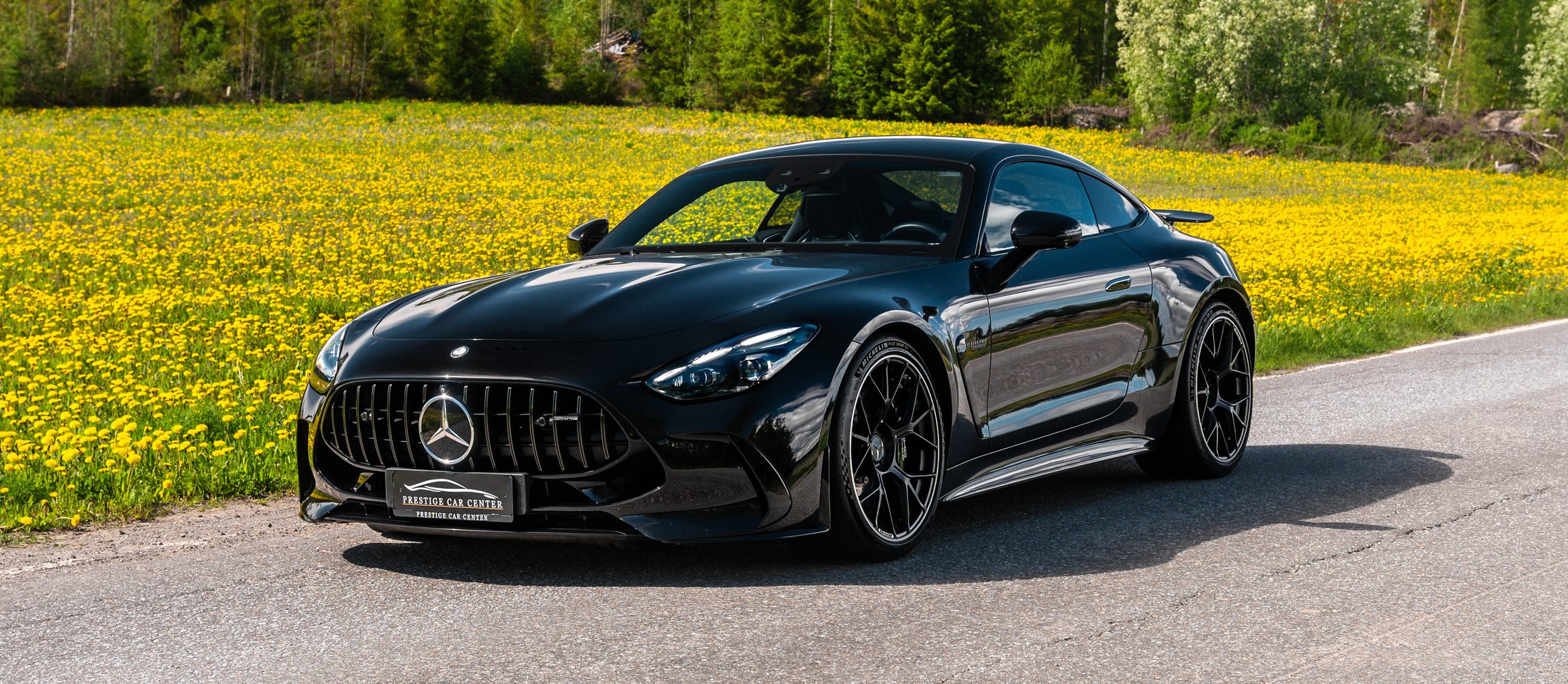 Musta Mercedes-AMG GT maantiellä kesämaiseman keskellä