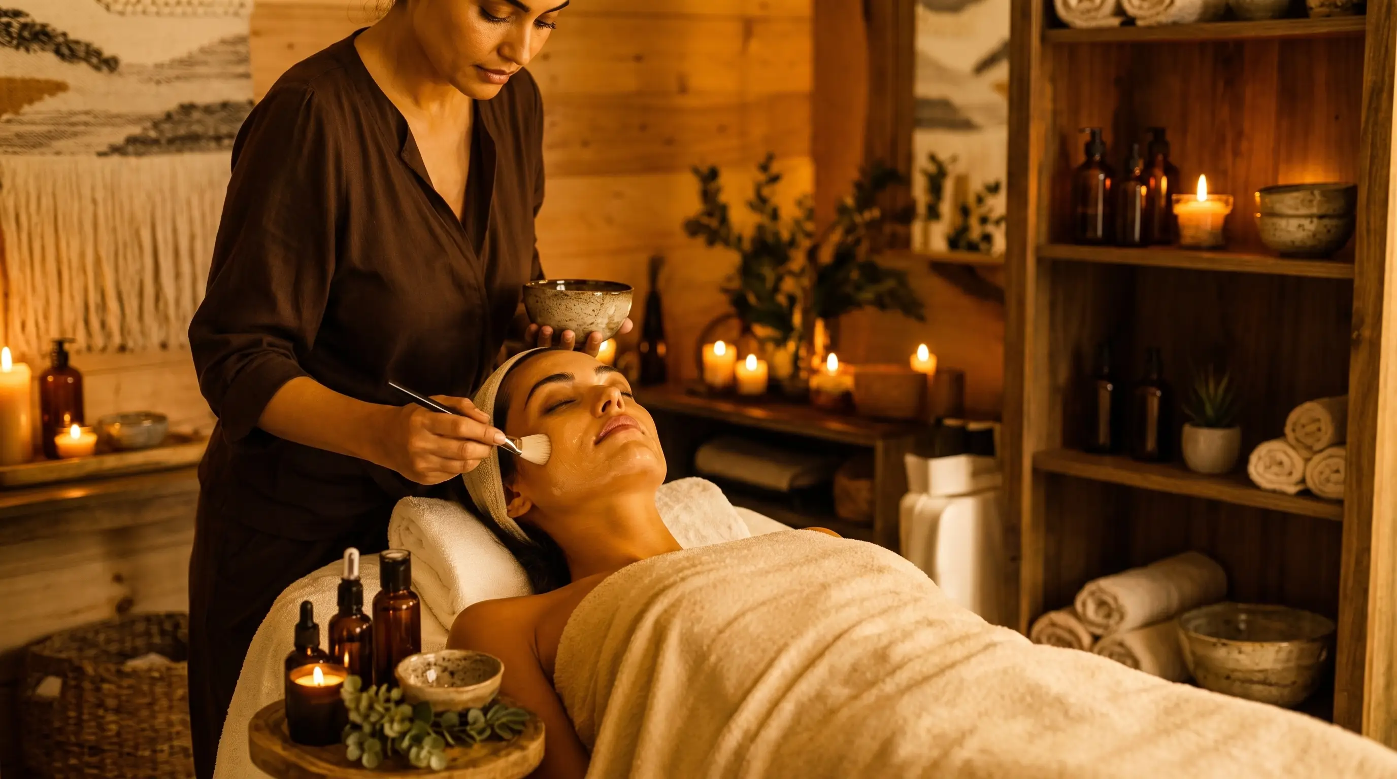 Woman receiving a facial treatment in a cozy spa room with warm lighting, candles, and wooden decor, while an esthetician applies a mask using a brush.