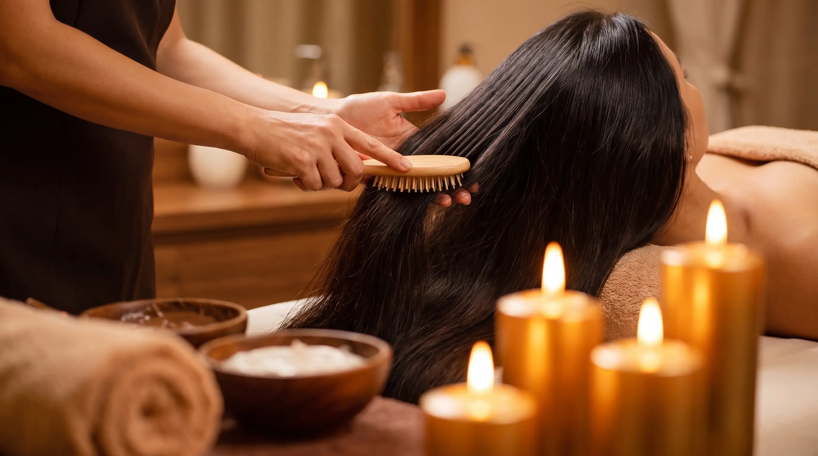 A person brushing the long, dark hair of a client lying on a massage table surrounded by lit candles and spa bowls, creating a relaxing atmosphere.