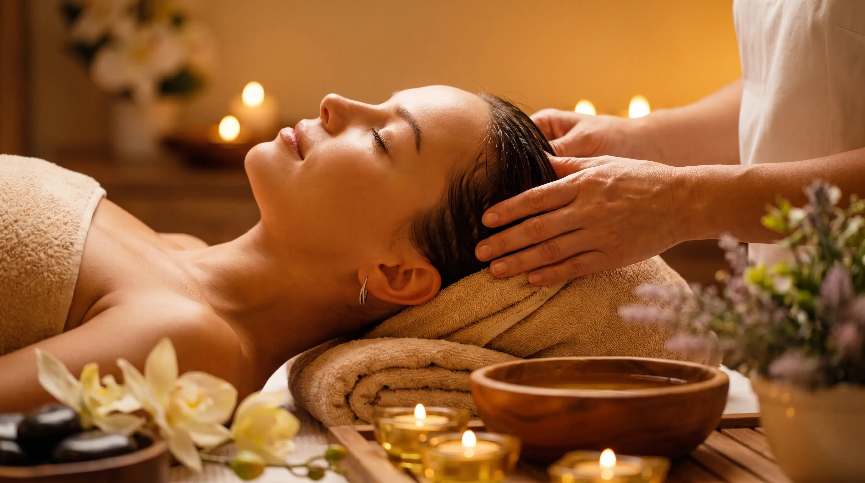Woman lying down with eyes closed receiving a scalp massage in a calming spa setting with lit candles, flowers, and a wooden bowl nearby.