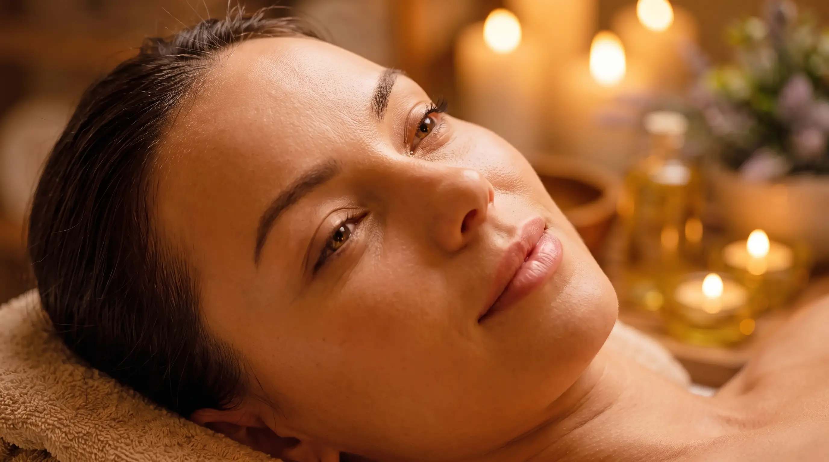 Close-up of a relaxed woman lying on a beige towel with softly lit candles and spa items blurred in the background.
