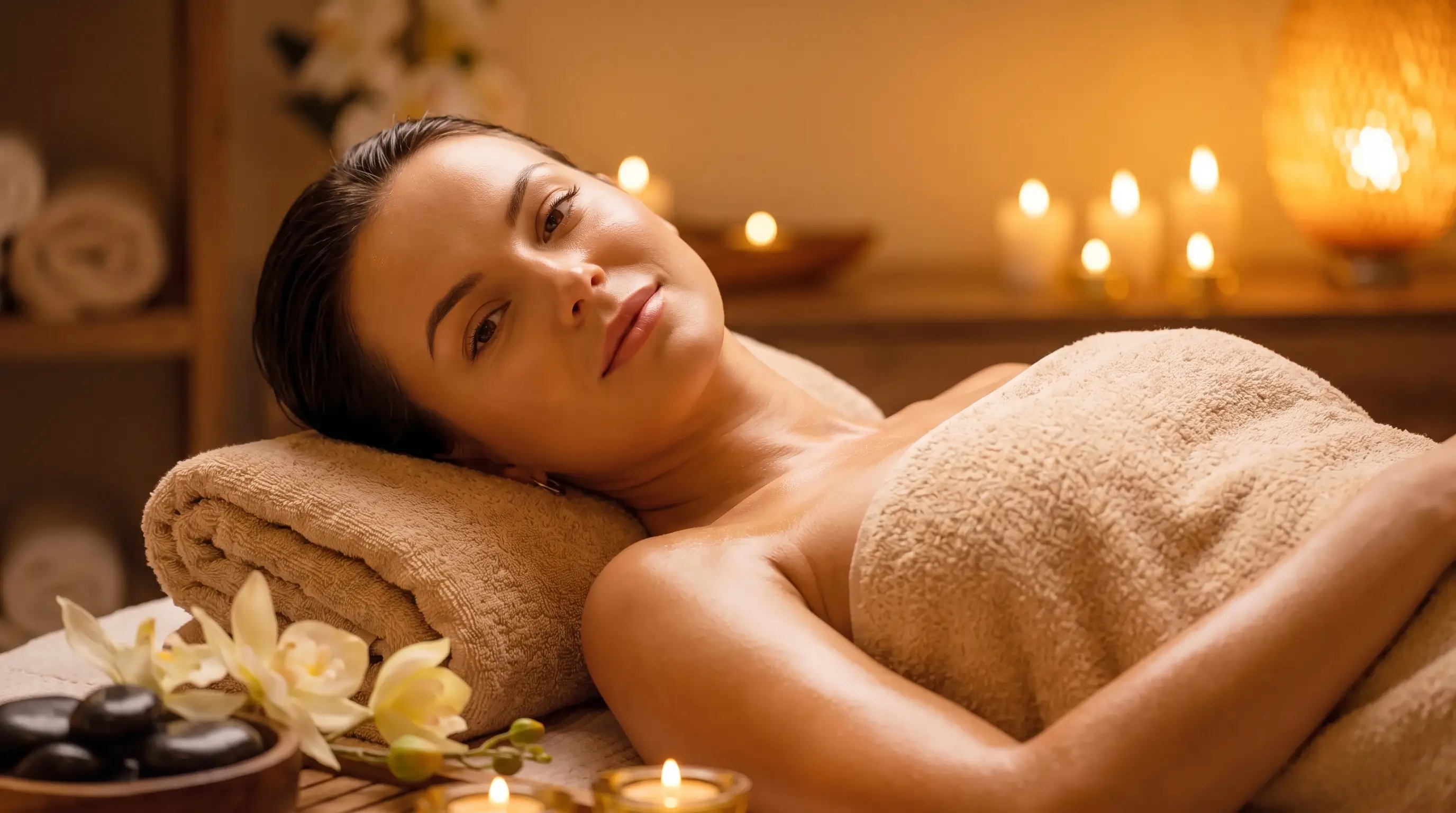 A serene woman lying on her side on a spa bed wrapped in a beige towel, resting her head on a folded towel with lit candles and orchid flowers nearby, creating a warm, calming atmosphere.