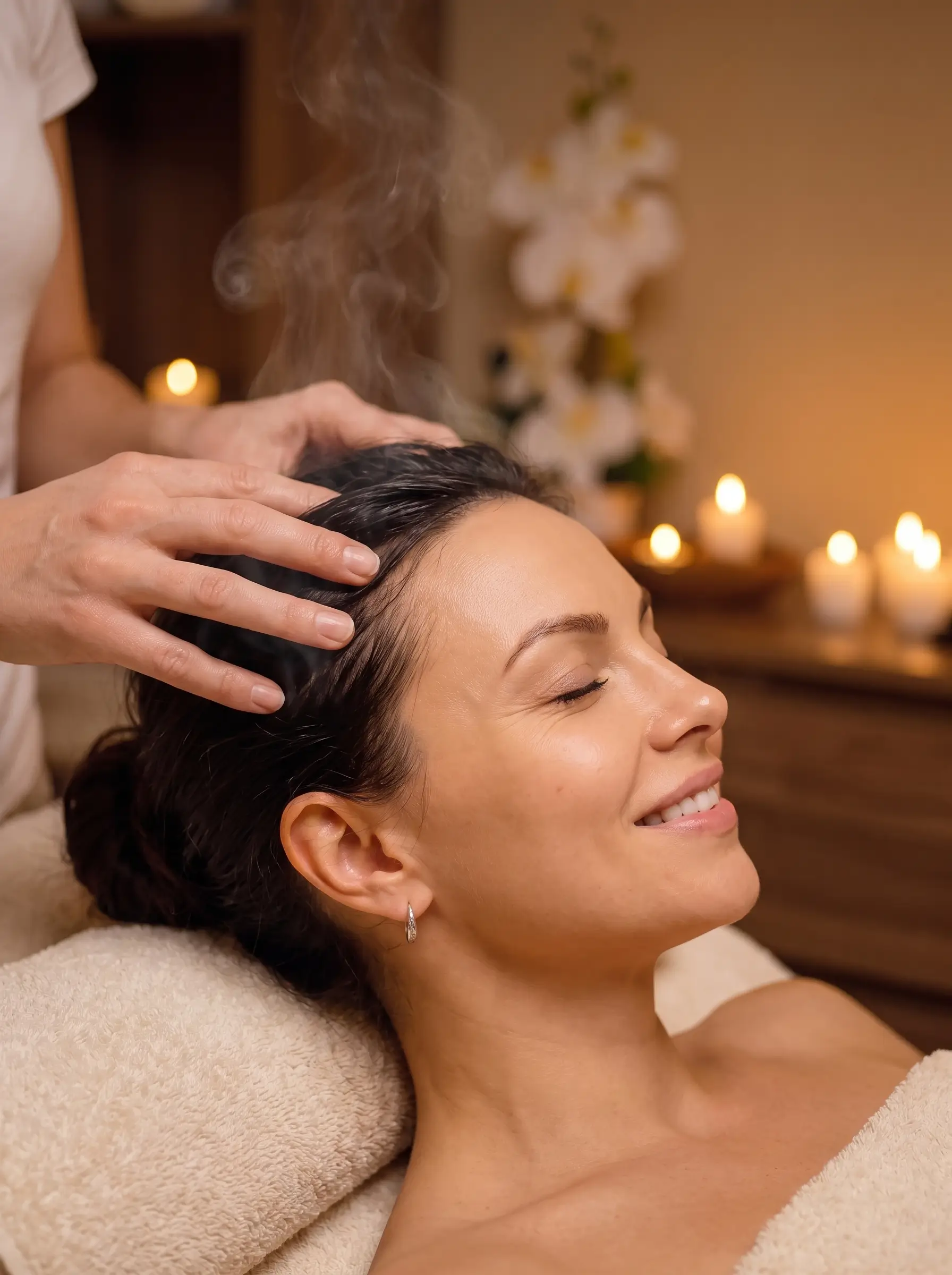 Woman lying with eyes closed and smiling while receiving a warm head massage in a spa setting with lit candles and flowers in the background.