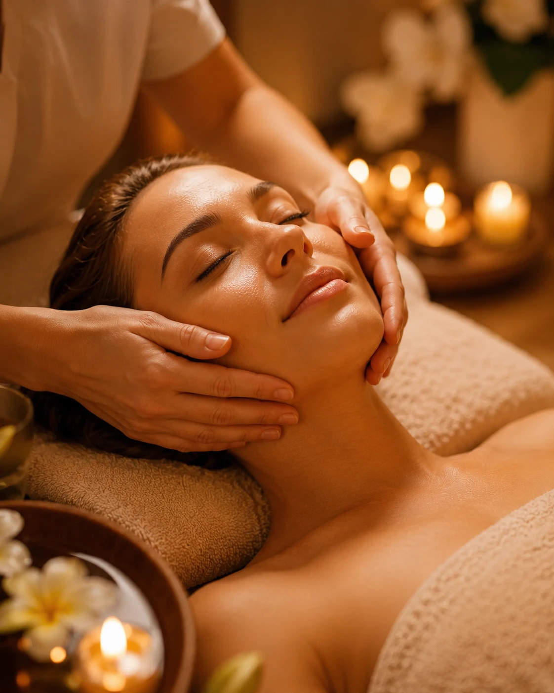 A woman with closed eyes receiving a calming facial massage while lying on a towel in a softly lit spa setting with lit candles and flowers nearby.
