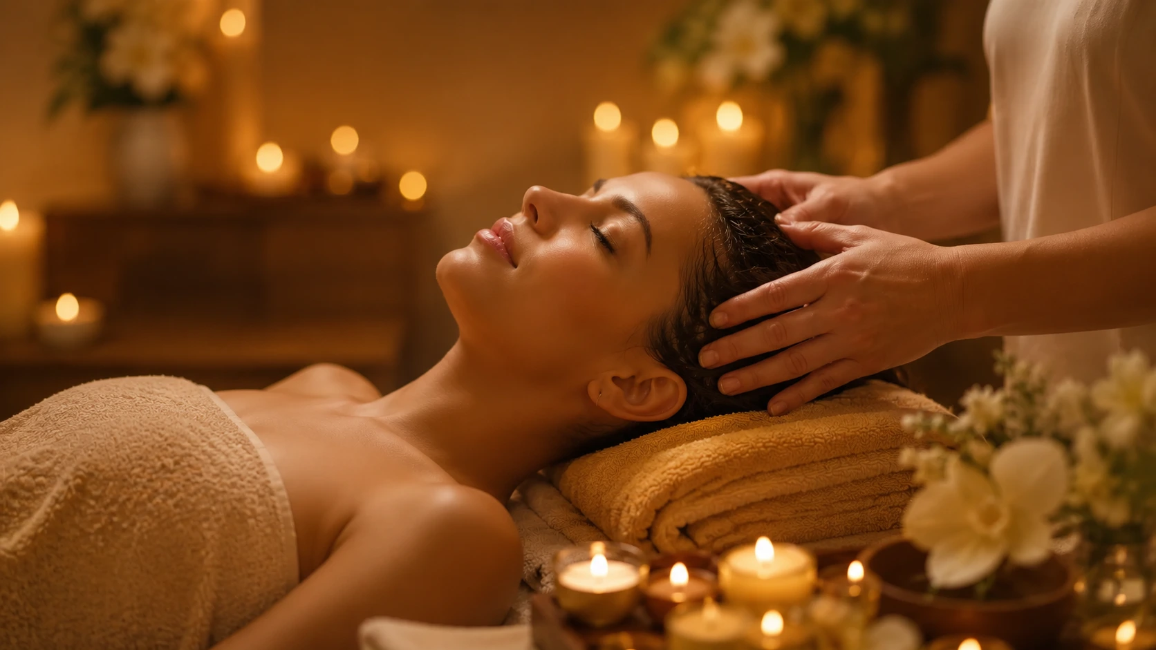 Two clients relaxing in the candlelit Glowence treatment room