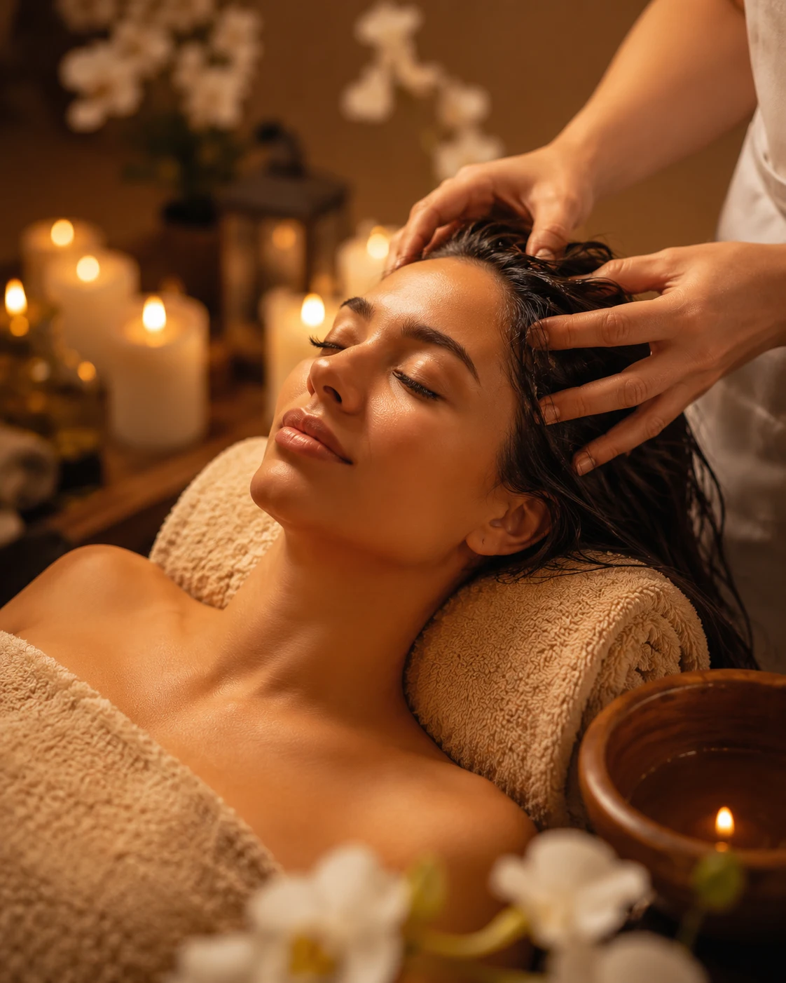 A woman with closed eyes relaxing while receiving a head massage in a spa setting, surrounded by lit candles and flowers, lying on a rolled towel.