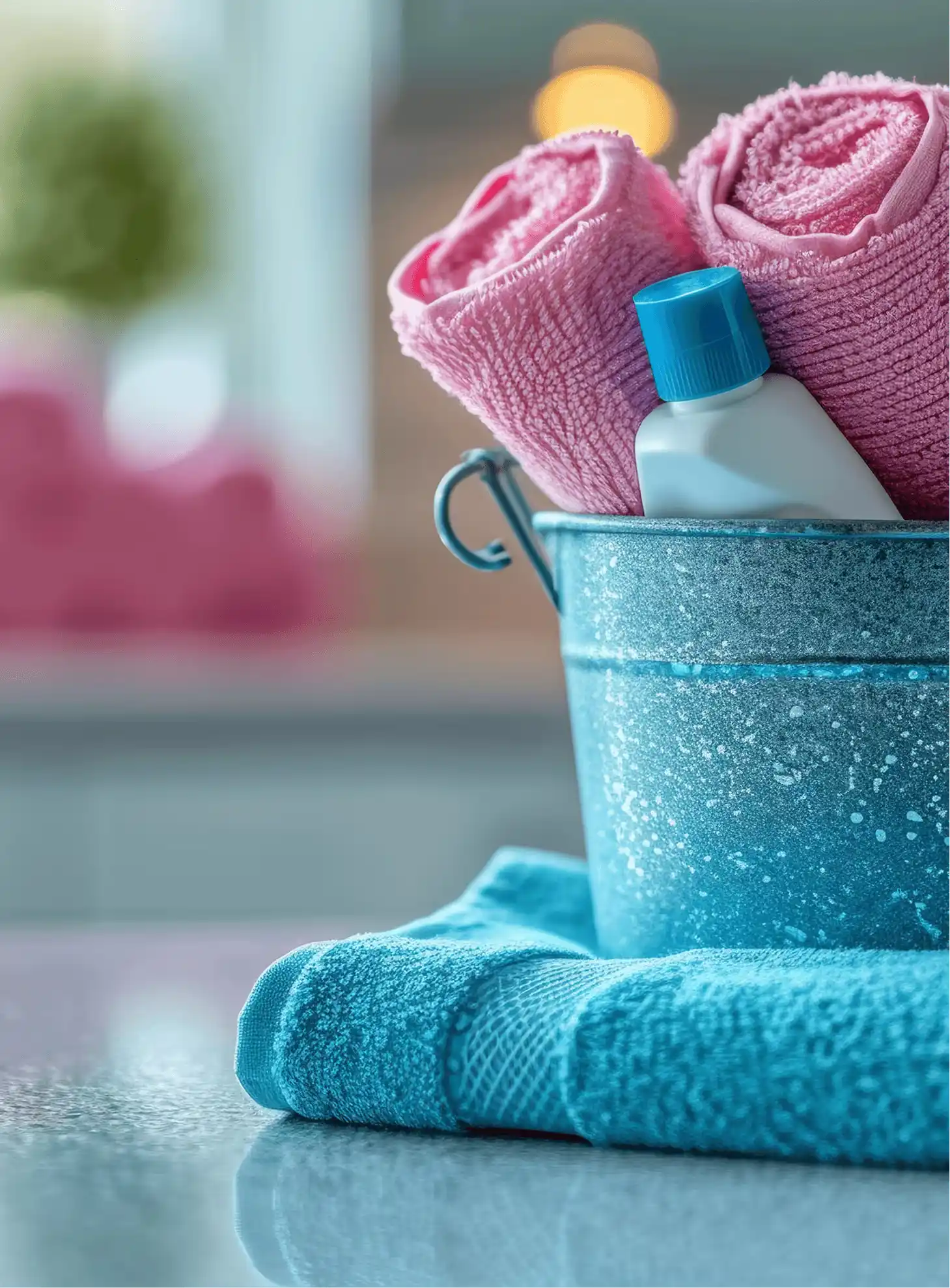 Blue speckled metal bucket holding two rolled pink towels and a small white bottle with a blue cap, placed on a folded blue towel on a reflective surface with a blurred background.