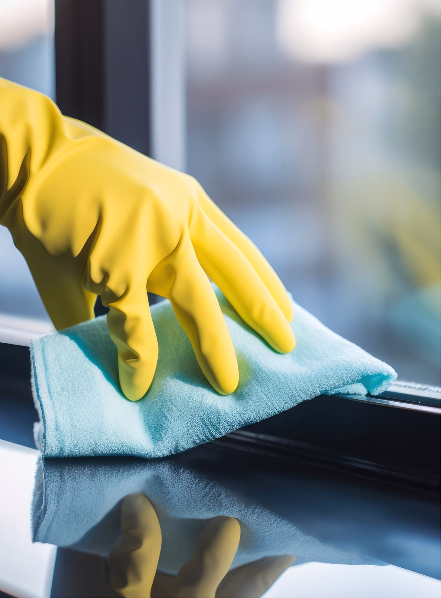 Hand wearing a yellow rubber glove cleaning a glass window with a blue cloth.