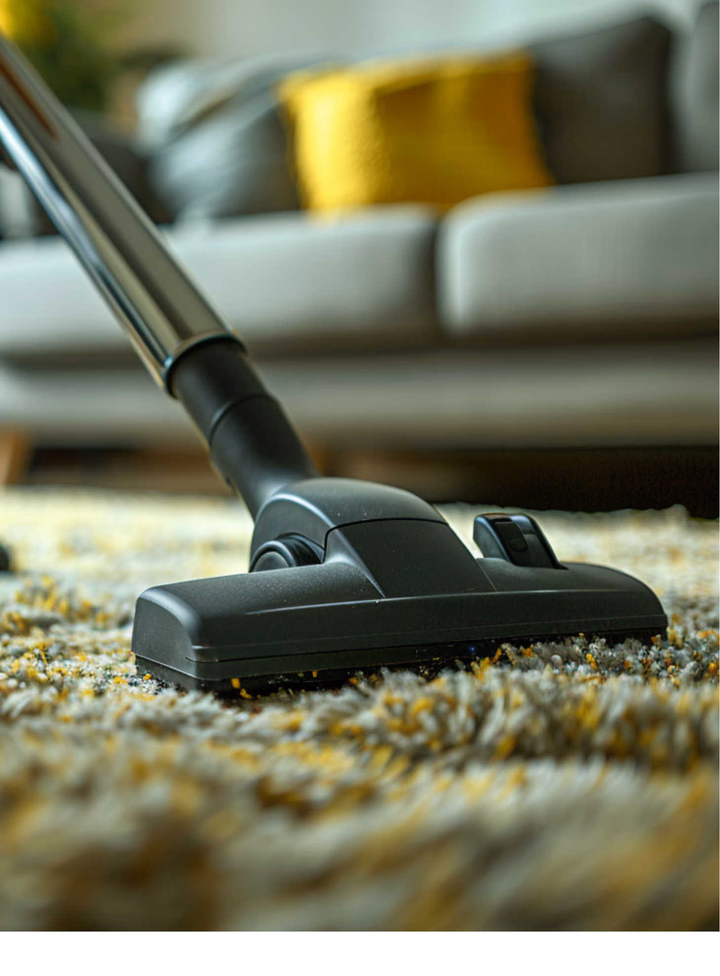 Close-up of a black vacuum cleaner head on a textured gray and yellow carpet, with a blurred couch and yellow pillow in the background.