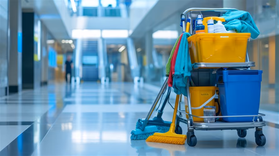 Cleaning cart with supplies in a bright corridor