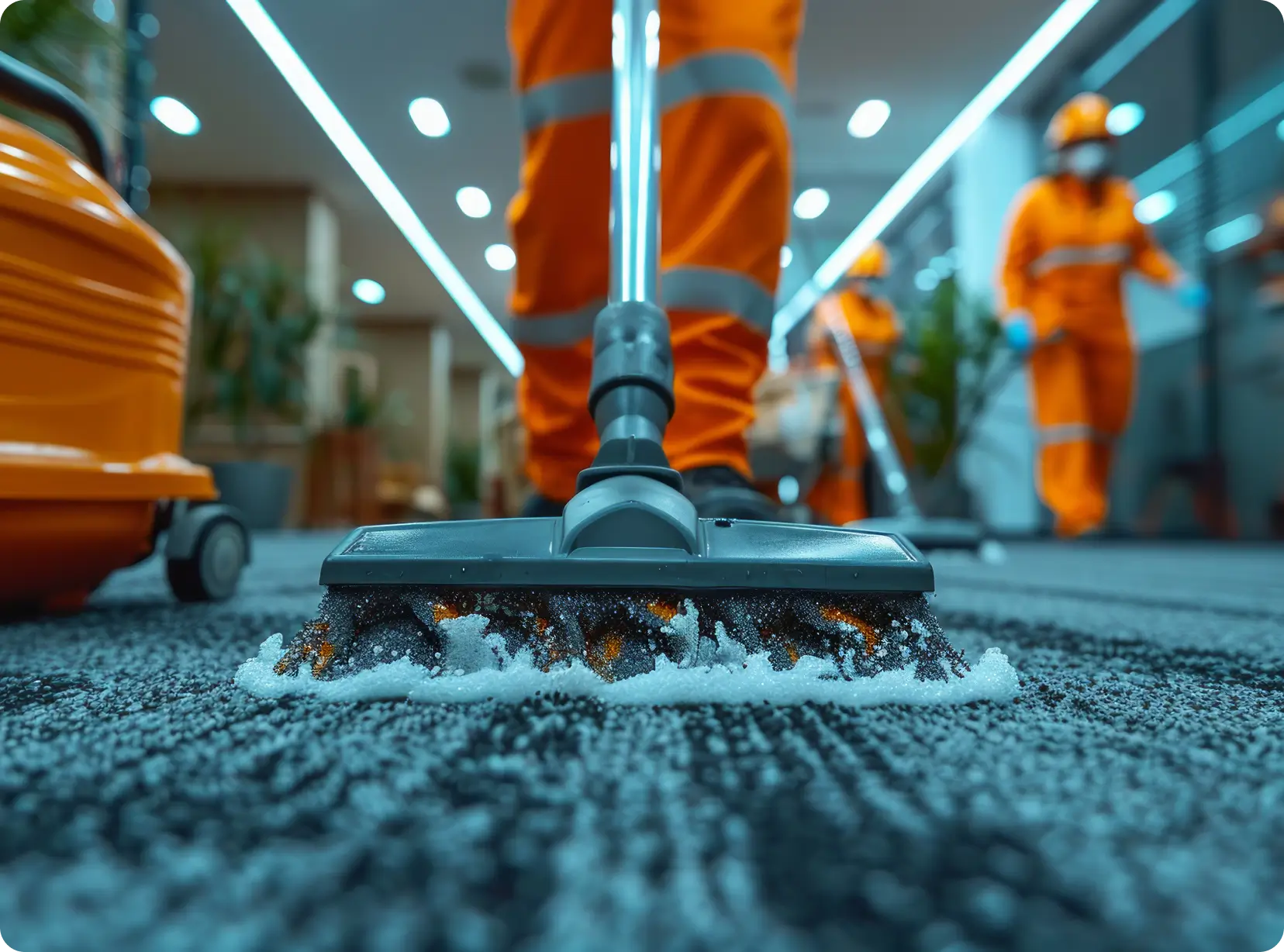 Close-up of a carpet cleaning brush with foam, pushed by a worker in orange uniform in a brightly lit room with other workers cleaning in the background.