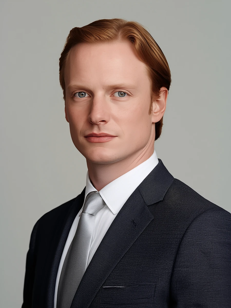 Man with dark hair and mustache standing against a solid yellow background, wearing an orange sweatshirt and blue jeans, arms crossed with a serious expression.