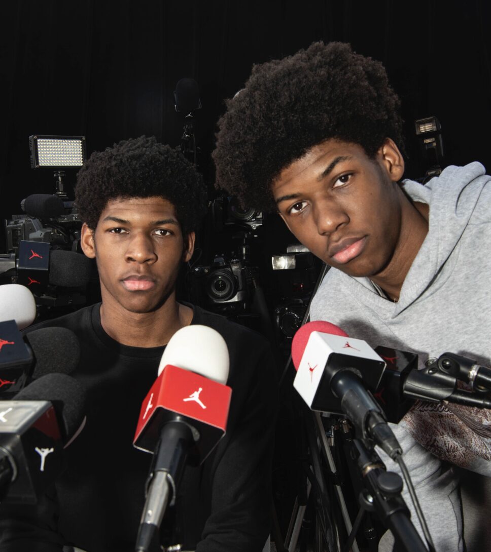 Young players at a bank of Jordan-branded microphones