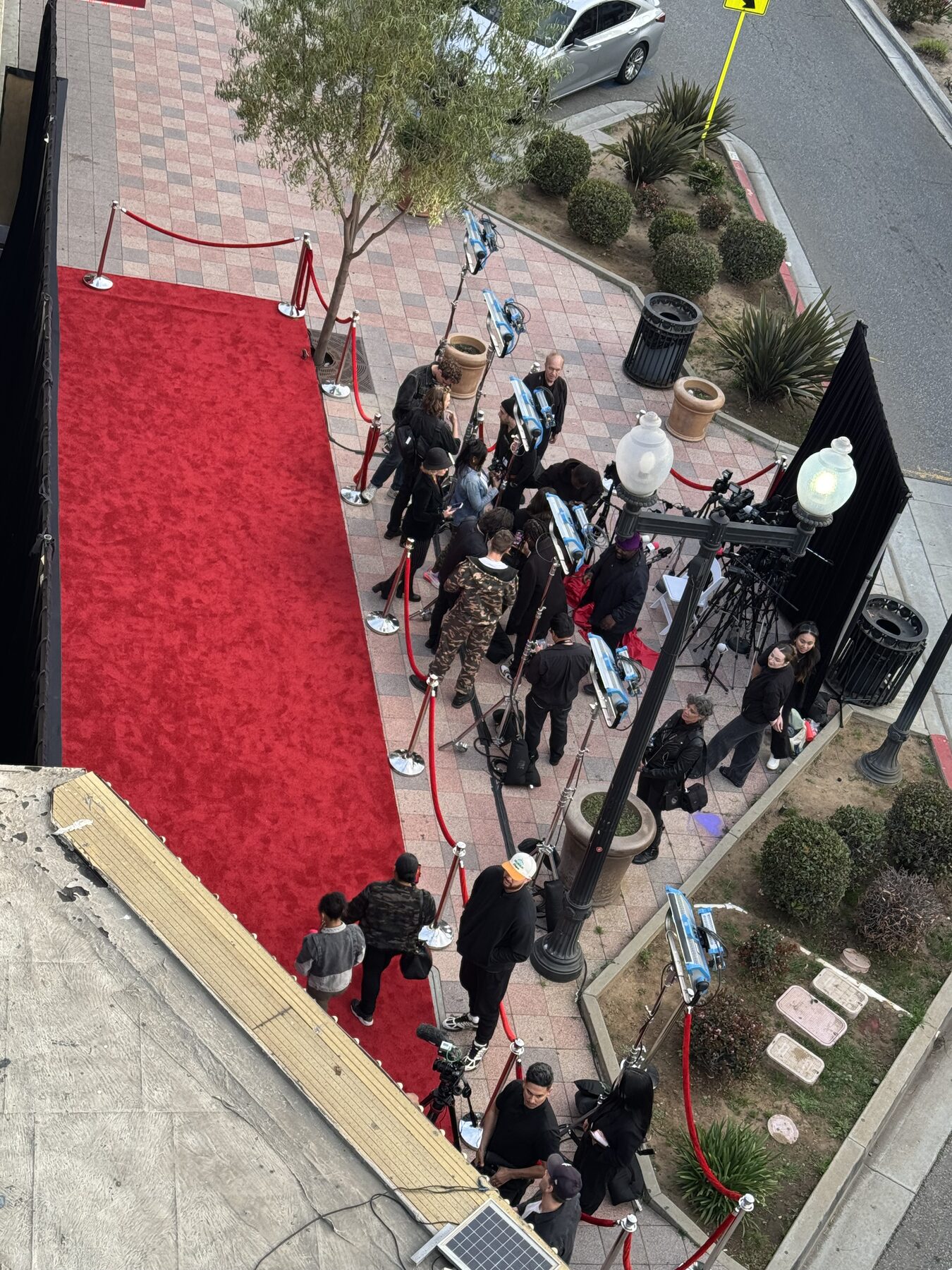 Red carpet and press risers built outside the theater