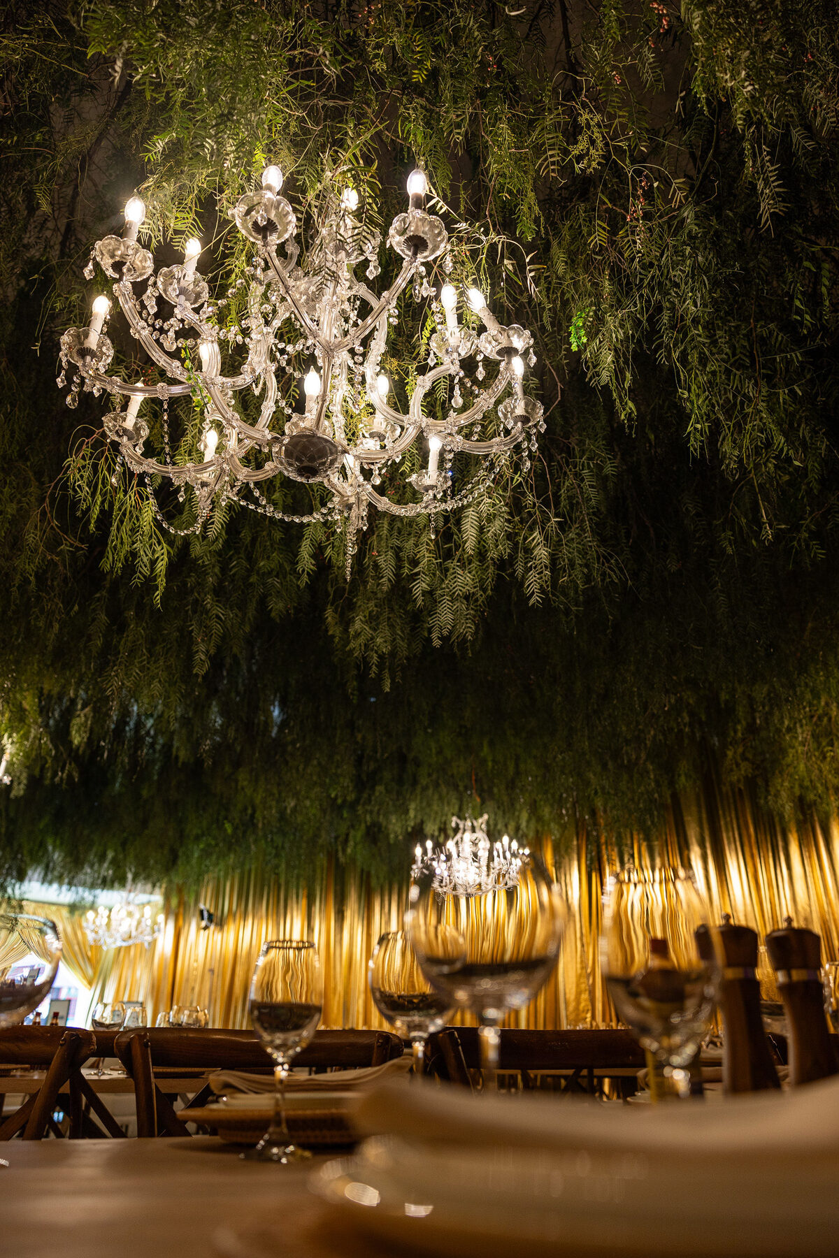 Chandelier lighting the room after dark