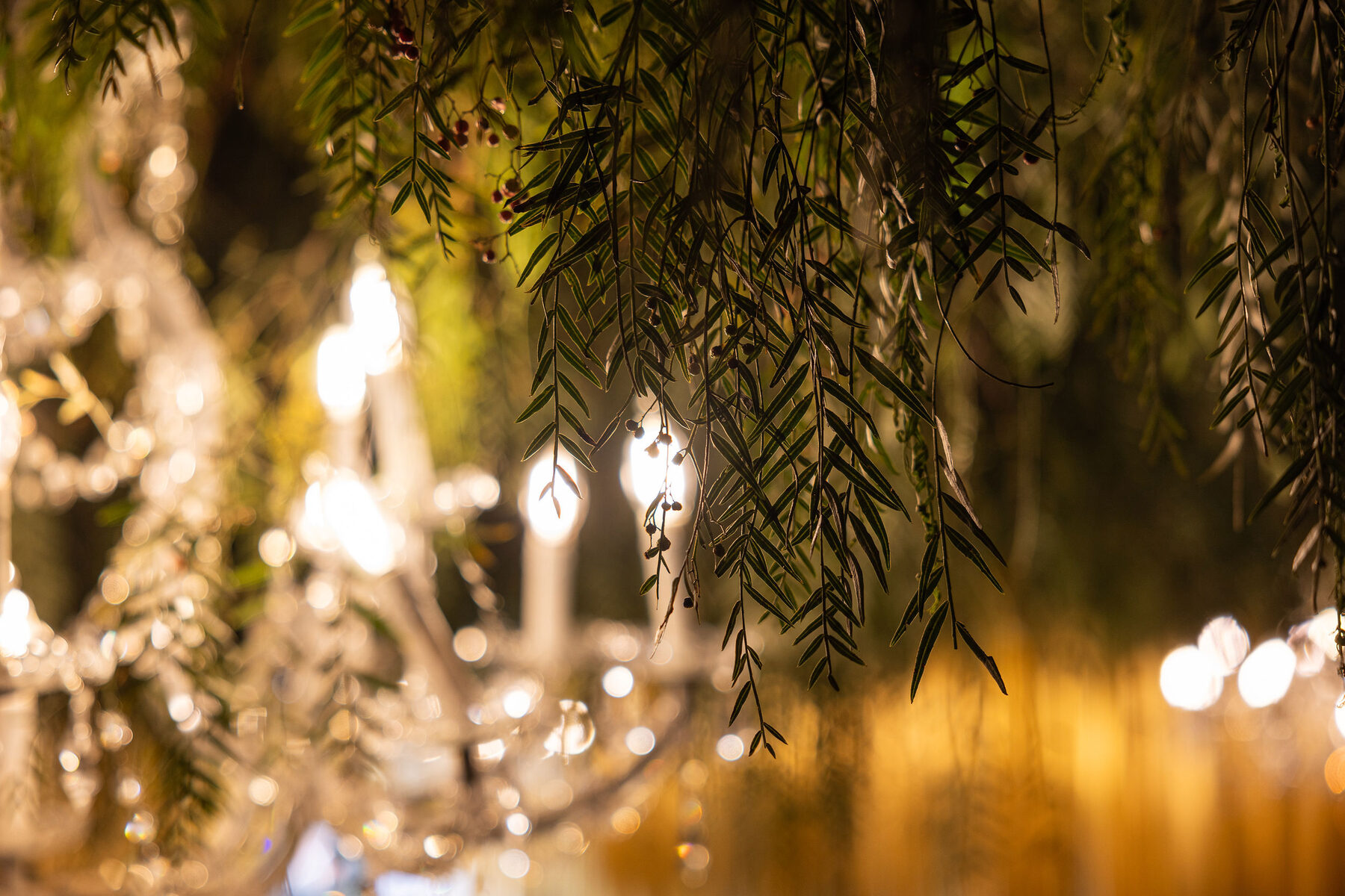 Candlelight and greenery detail above the tables