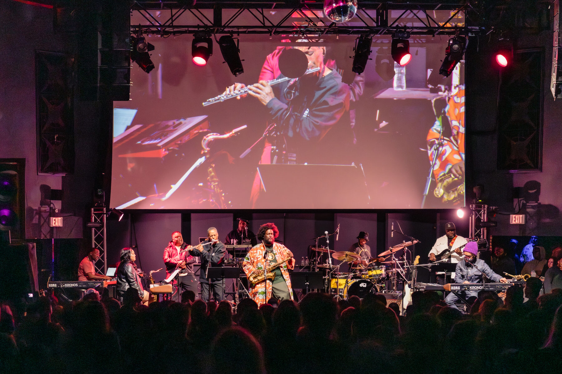 Wide view of the band on the main stage
