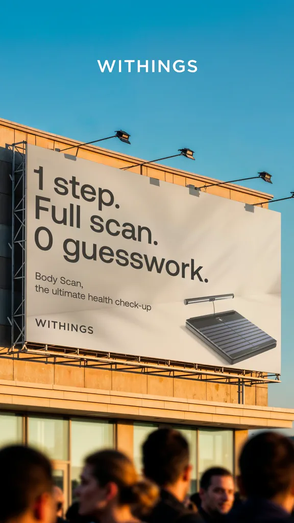 Campagne Withings Body Scan : affichage grand format « 1 step. Full scan. 0 guesswork. » photographié en extérieur