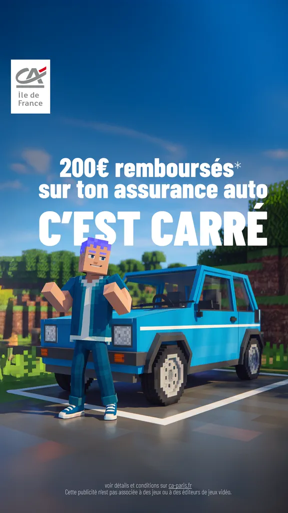 Campagne Crédit Agricole Île-de-France en univers Minecraft : « 200 € remboursés sur ton assurance auto, c'est carré »
