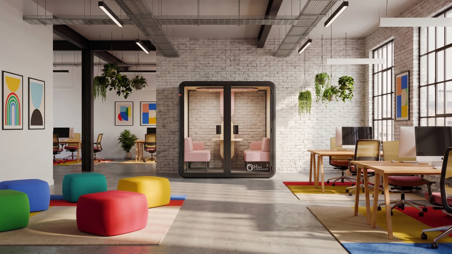 Cabine acoustique accordée au décor d'un plateau de bureaux