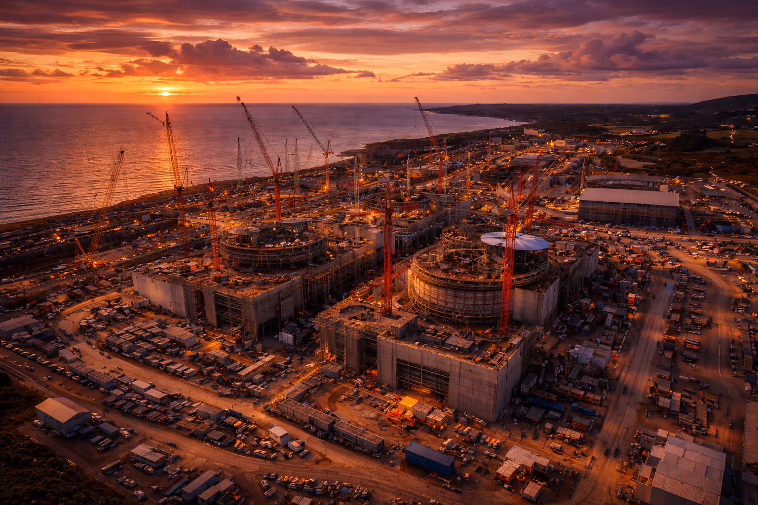 A large industrial construction site with cranes and buildings near a coastline at sunset.