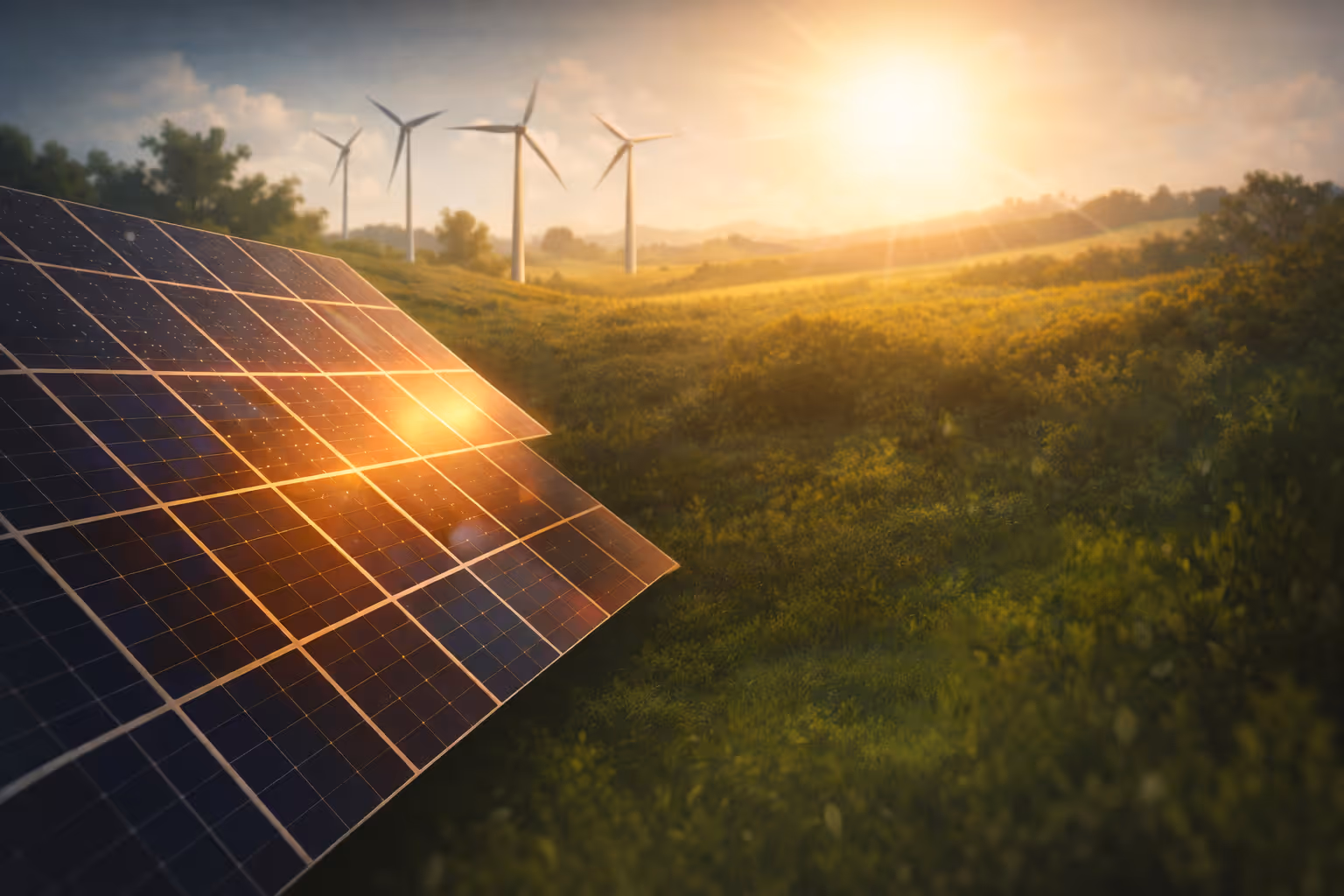 Solar panels in a green field with wind turbines in the background at sunset.