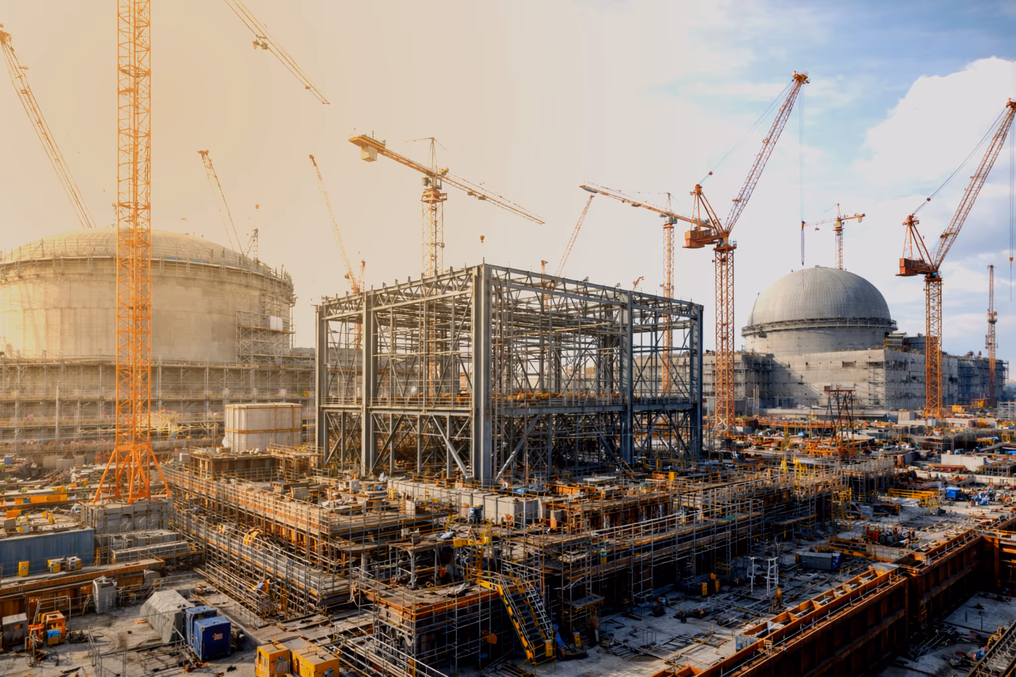 Construction site of a nuclear power plant with large dome-shaped reactors and multiple cranes under a partly cloudy sky.