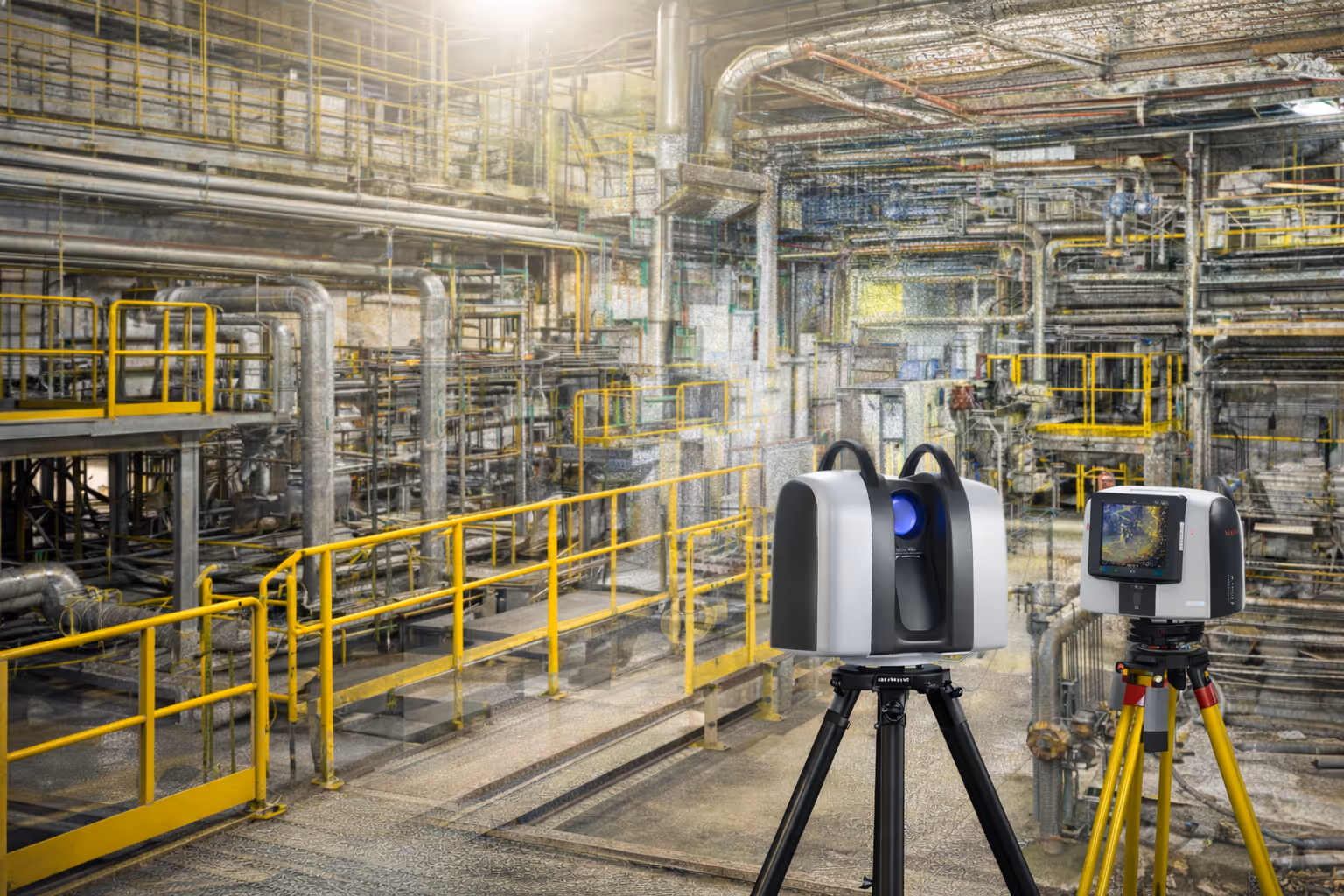 3D laser scanning devices set up on tripods inside an industrial facility with yellow railings and pipes.