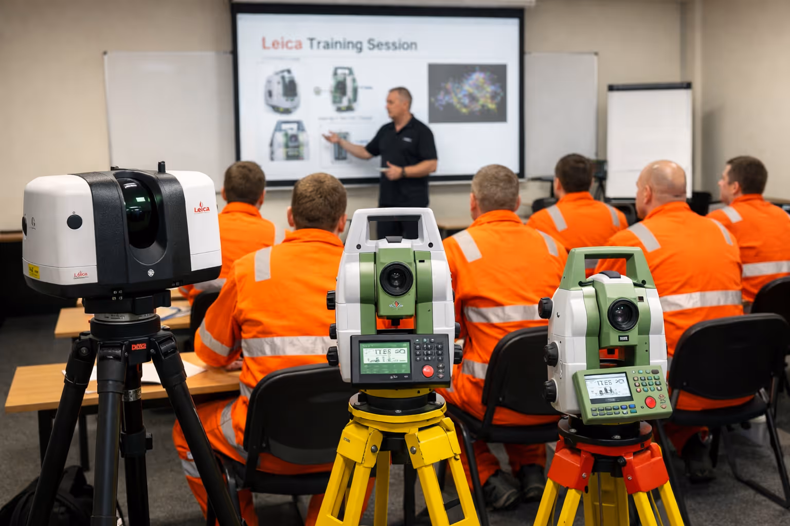 Group of workers in orange safety uniforms attending a Leica surveying equipment training session with a trainer presenting slides.