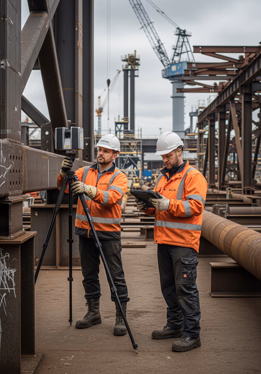 Two construction workers in orange safety jackets and white helmets using a surveying instrument and tablet on an industrial steel structure site.