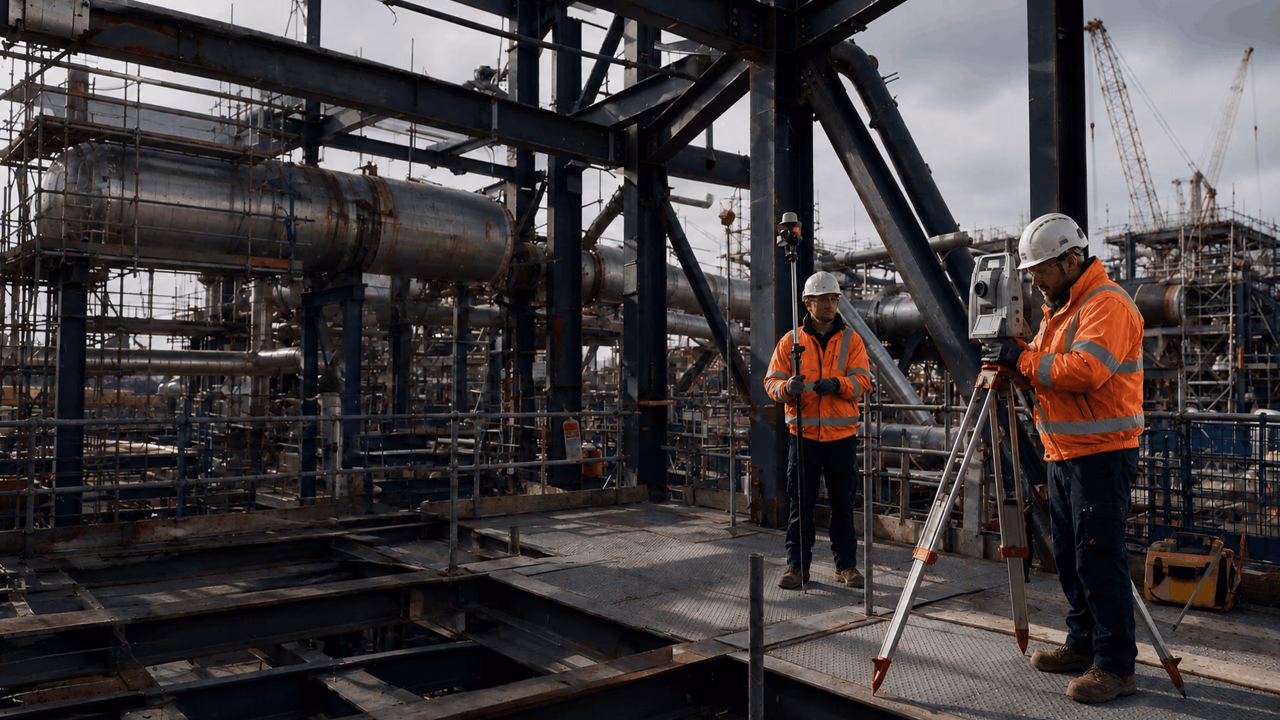 Engineering surveyors using a total station on a major industrial construction project.