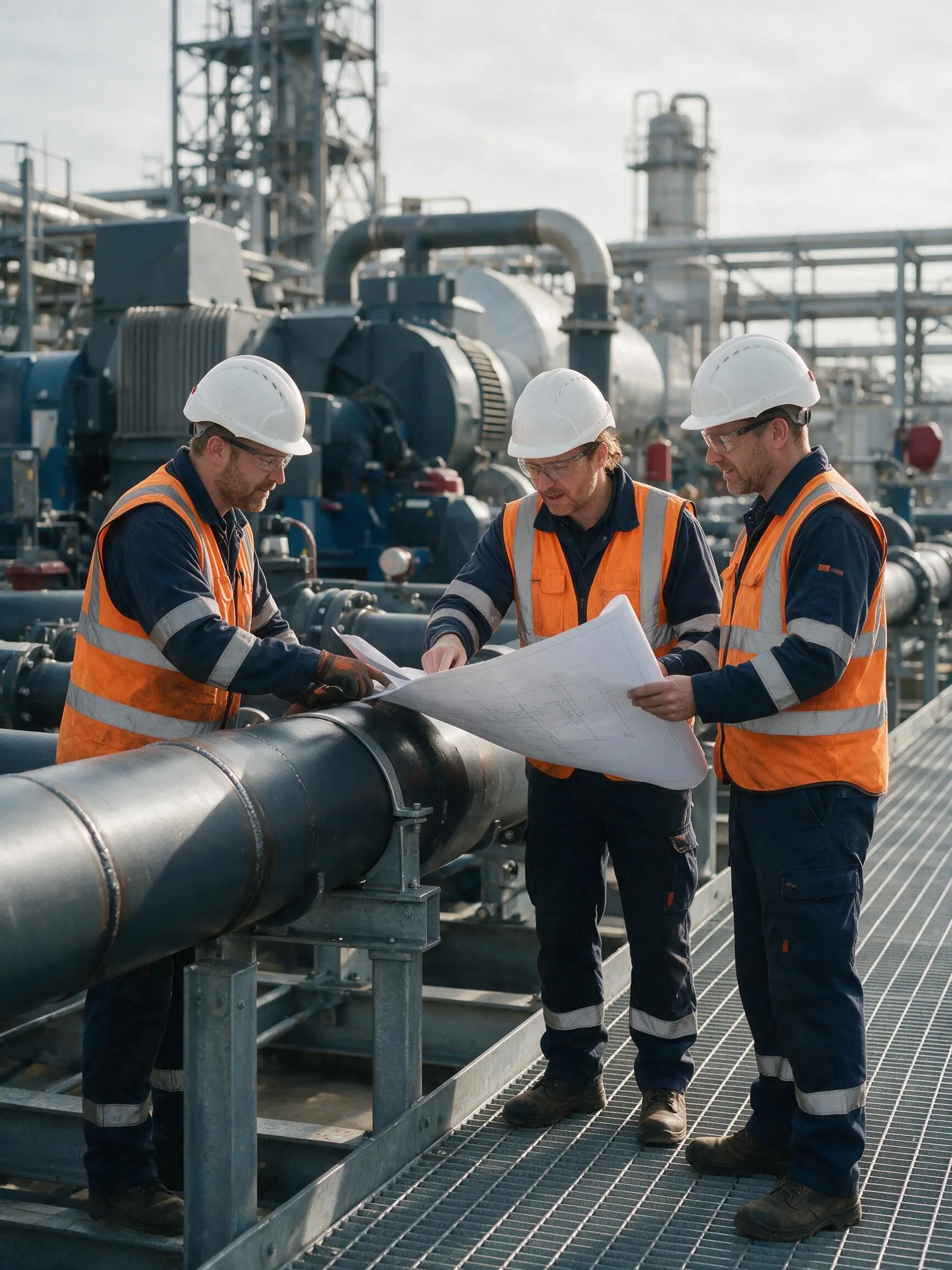 Multidisciplinary engineers coordinating work around installed pipework.