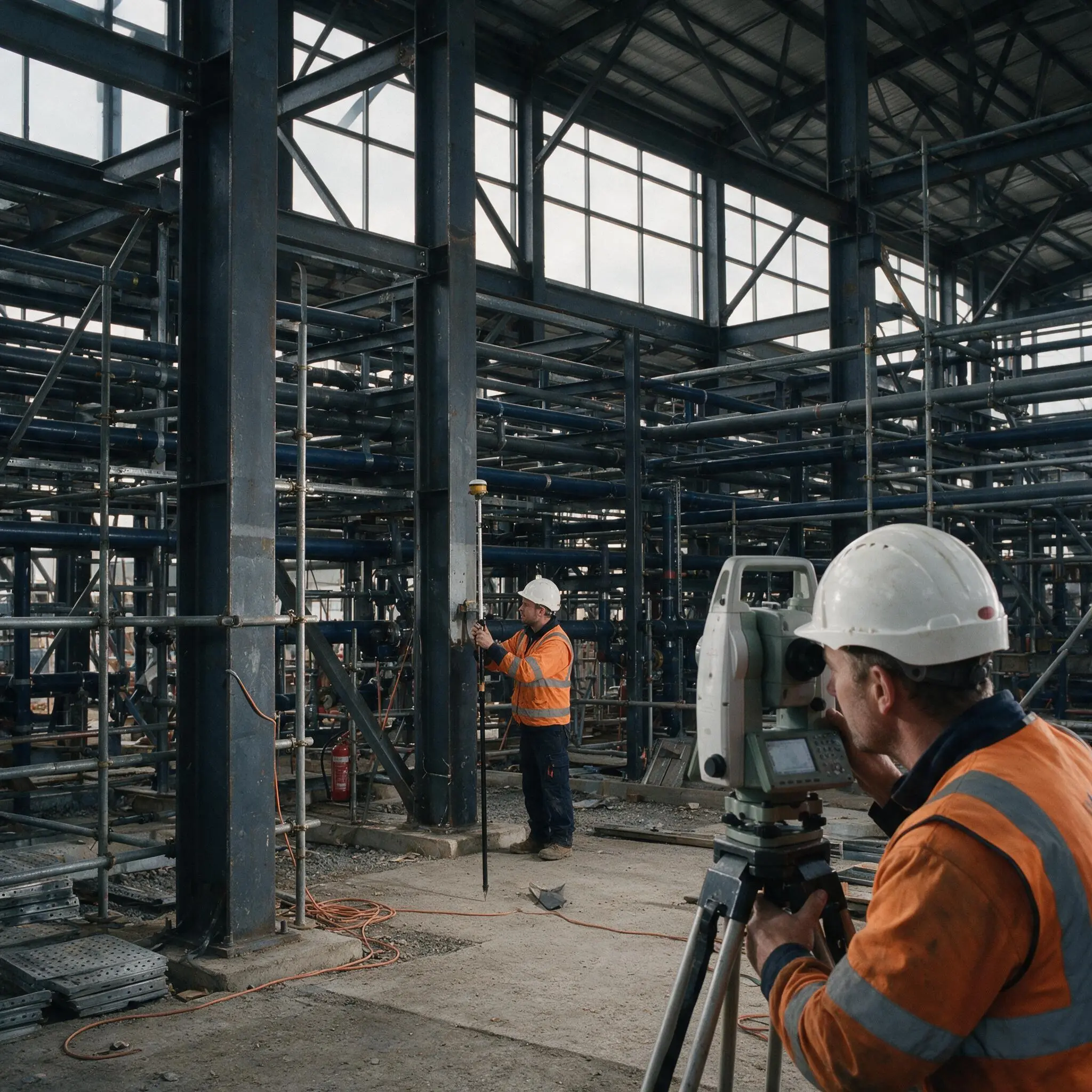 Engineering surveyor using a total station to verify structural steel.