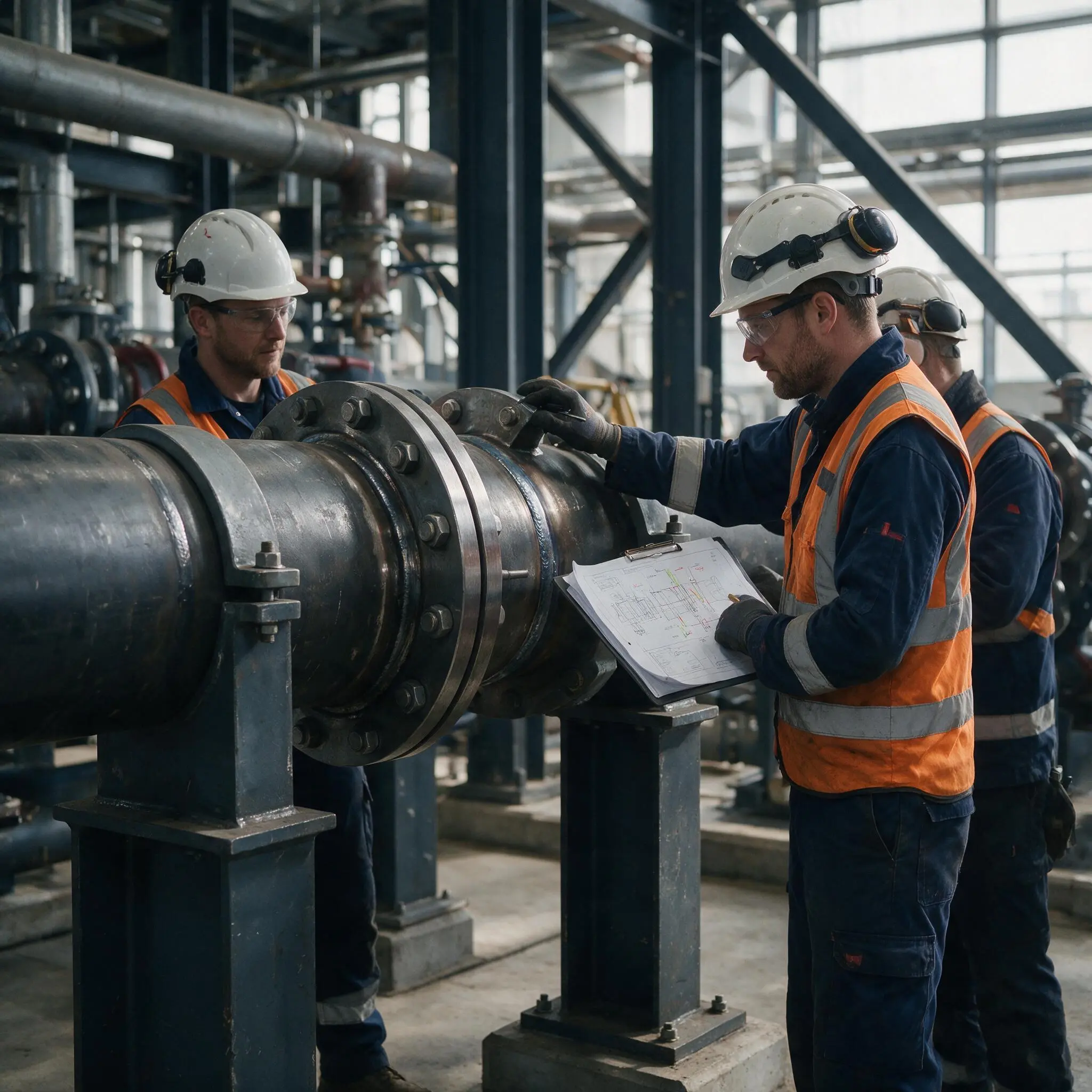 Completions engineers inspecting installed pipework against an engineering drawing.